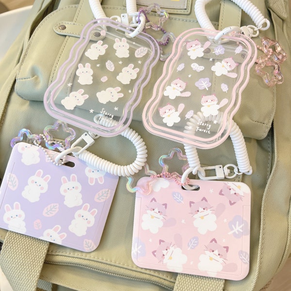 Starry Forest Rabbit Cat ID Badge Holder with Lanyard, Clear Card Holder, teacher lanyard pink, plastic cute teacher purple accessory