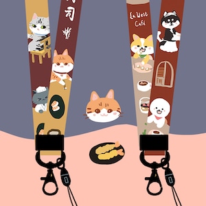 Original design cute puppy dog afternoon tea sushi cats lovely long neck lanyard strap for mobile keychain card badge holder japan style