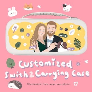 May include: A white Switch 2 carrying case with a handle, featuring a custom illustration of a couple and their dog, with the names "Daisy", "Jacob", and "Max". The case has a yellow background with floral and leaf designs, and the text "Customized Switch 2 Carrying Case".