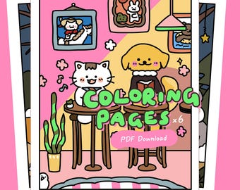 Starry Forest Cute Animal Cozy Coloring Book, 6 Kawaii bold cozy coloring pages for kids and adults, Printable Instant Digital Download