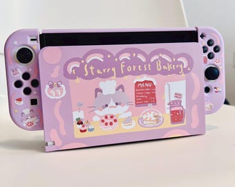 Starry Forest Cat Bakery Case, Dock cover, dust box bundle for Nintendo Switch 2, Oled, Cute switch shell, Kawaii purple Switch accessories