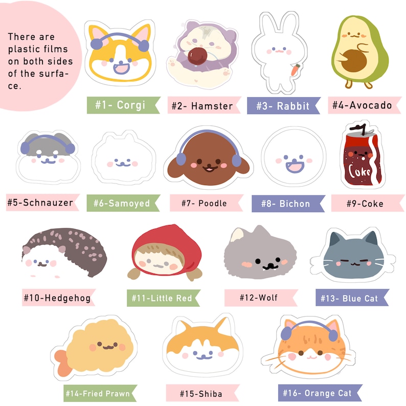 Op de afbeelding: Een set van 16 kleurrijke stickers met verschillende dieren en objecten, waaronder een corgi, hamster, konijn, avocado, schnauzer, samojeed, poedel, bichon, blikje cola, egel, roodkapje, wolf, blauwe kat, gebakken garnaal, shiba en oranje kat. Elke sticker heeft een nummer en een naam eronder.