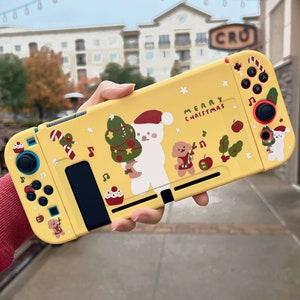 Cute Christmas polar bear and poodle Nintendo Switch Oled case, kawaii yellow switch shell cover skins accessories soft TPU, Christmas gift