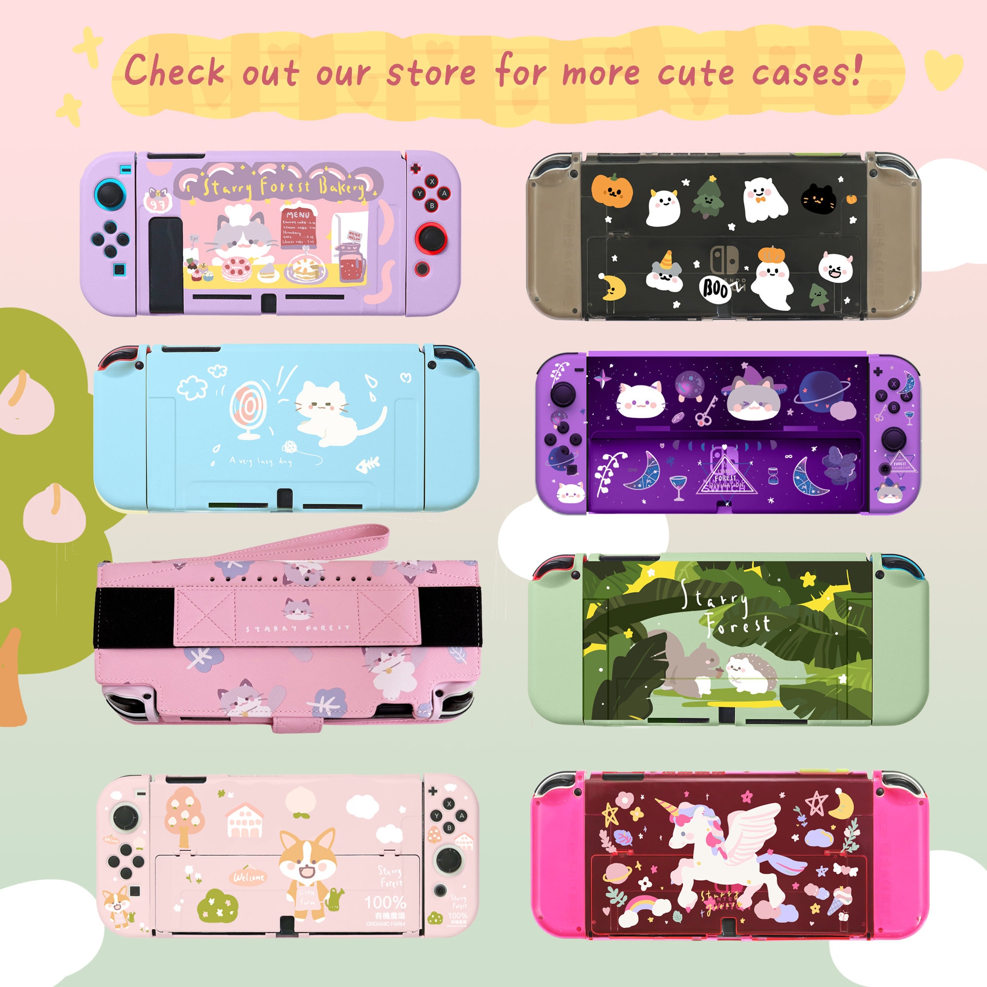 Starry Forest Cute Bunny Cat Switch OLED Case With Game Card Boxes