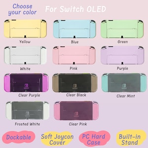 May include: A selection of colored and clear plastic cases for the Nintendo Switch OLED console. The cases are shown in yellow, blue, green, white, pink, purple, clear purple, clear black, clear mint, frosted white, and clear pink. The text "For Switch OLED" is at the top of the image. The text "Dockable, Soft Joycon Cover, PC Hard Case, Built-in Stand" is at the bottom of the image.