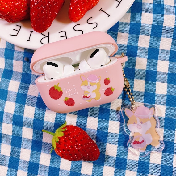 Strawberry Corgi Case for Airpods pro, cute bird case for Airpods 1 / 2, Aesthetic Dog Airpods TPU soft EarPods Holder Case with keychain