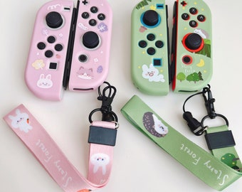 Starry Forest Cute Switch Joycon case and Lanyard Bundle, kawaii switch oled joycon skin, pink purple cat nintendo joy-con cover accessory