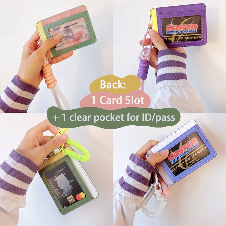 May include: A multi-colored card holder with a clear pocket for an ID or pass. The holder has a lanyard with a spring clip. The holder has a purple, pink, and green color scheme. The text on the card reads "COSTCO WHOLESALE EXECUTIVE MEMBER".