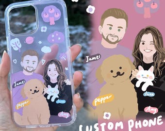 Custom Case of You and Your pets for iPhone, Personalized portrait phone case, Original design kawaii cute cover shell, pet gift
