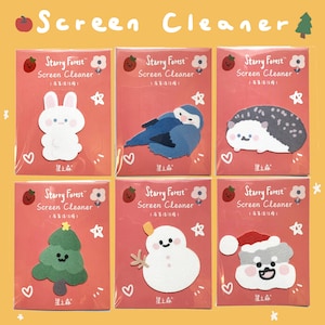 May include: Six colourful screen cleaner stickers featuring various cute animal designs. The stickers are packaged in clear plastic and have the text "Starry Forest™ Screen Cleaner" and "1屏幕清洁擦!" on them.