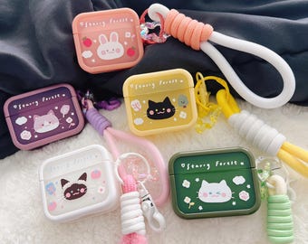 Starry Forest Cute Cat Rabbit Case for AirPods 1st/2nd/3rd/4th/pro/pro2 Generation, kawaii purple pink yellow cases with keychain lanyard