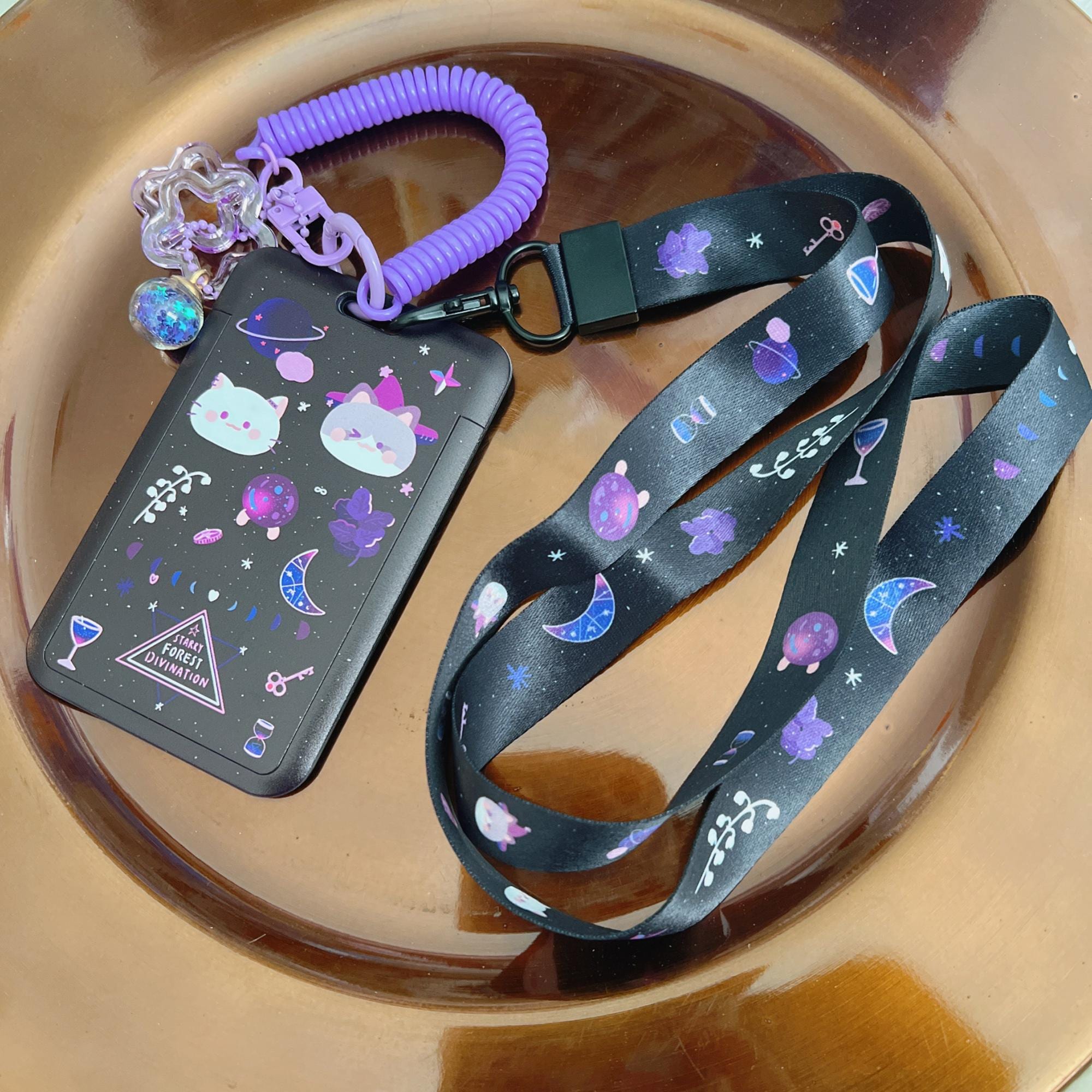 Starry Forest Cat Divination ID Badge Holder With Lanyard, Card