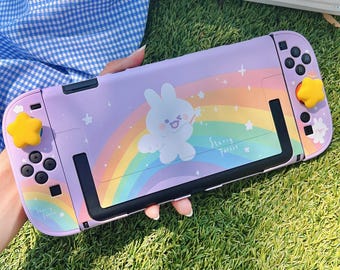 Starry Forest Rainbow Bunny Case for Nintendo Switch 2, Dockable cute purple switch2 hard shell,  kawaii joycon covers, switch 2 accessories