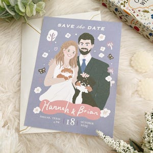 カスタムデジタル結婚式招待状、日付保存イラスト、招待状カード用カップルポートレートイラスト、パーソナライズされた招待状