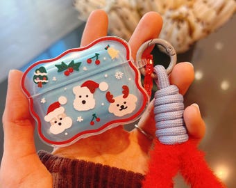 Starry Forest Christmas Cute Case for AirPods 1st/2nd/3rd/4th/pro/pro2 Generation, kawaii blue clear box cases with keychain and lanyard