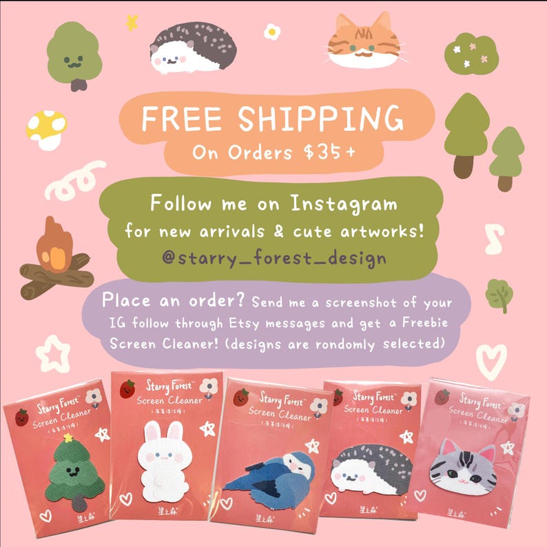 May include: Five rectangular packages of Starry Forest screen cleaners on a pink background. Each package features a different character: a green tree, a white rabbit, a blue bird, a gray hedgehog, and a gray cat. Text includes promotional info.