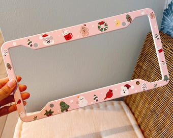 Starry Forest Christmas License Plate Frame,Cute Xmas license plate cover,Pink Green Stainless Steel Fits All Cars and Vehicles US Canada