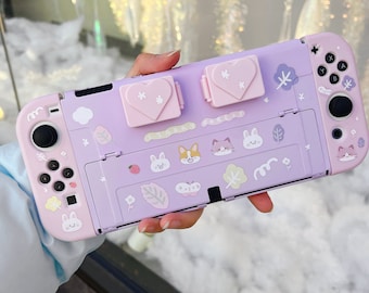 Starry Forest cat panda cute Nintendo Switch Oled case with game card  storage boxes, kawaii switch Oled shell cover skins accessories TPU PC