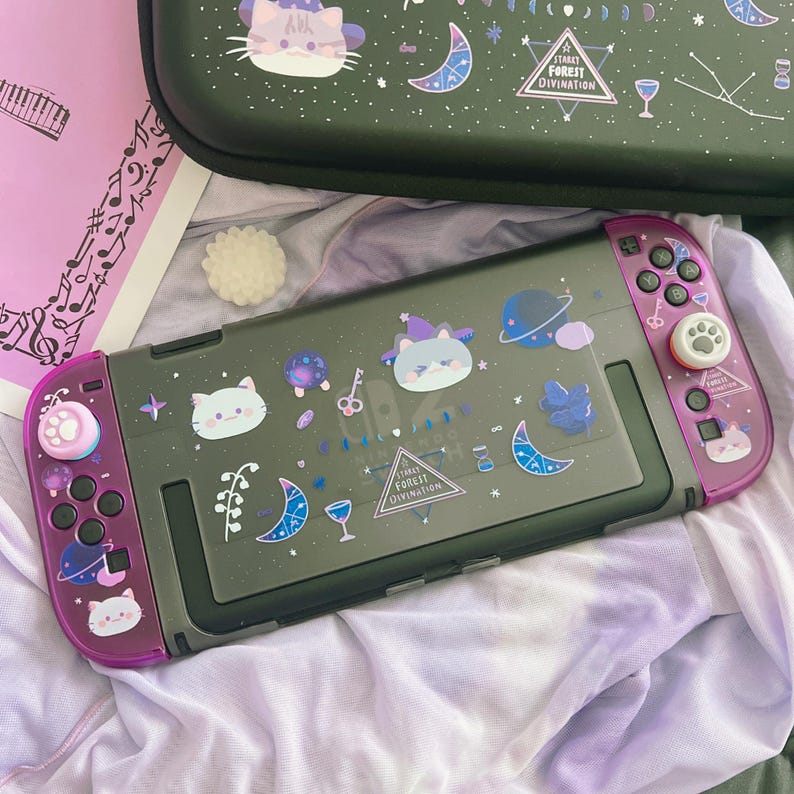 Starry Forest Case for Switch 2, Cute hard plastic Nintendo switch 2 shell, Kawaii Switch cover skin accessories, pink purple cat dog case Frost Black-Cats