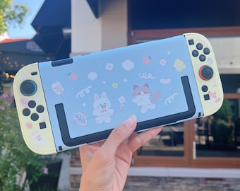 Starry Forest Bunny Cat Case for Nintendo Switch 2, cute blue yellow switch2 hard cover, kawaii joycon shell, switch 2 accessories