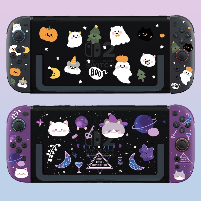 May include: Two Nintendo Switch consoles with different designs. The top console has a black and white design with a Halloween theme. The bottom console has a purple and black design with a starry night theme. Both consoles have custom designs on the back and front.