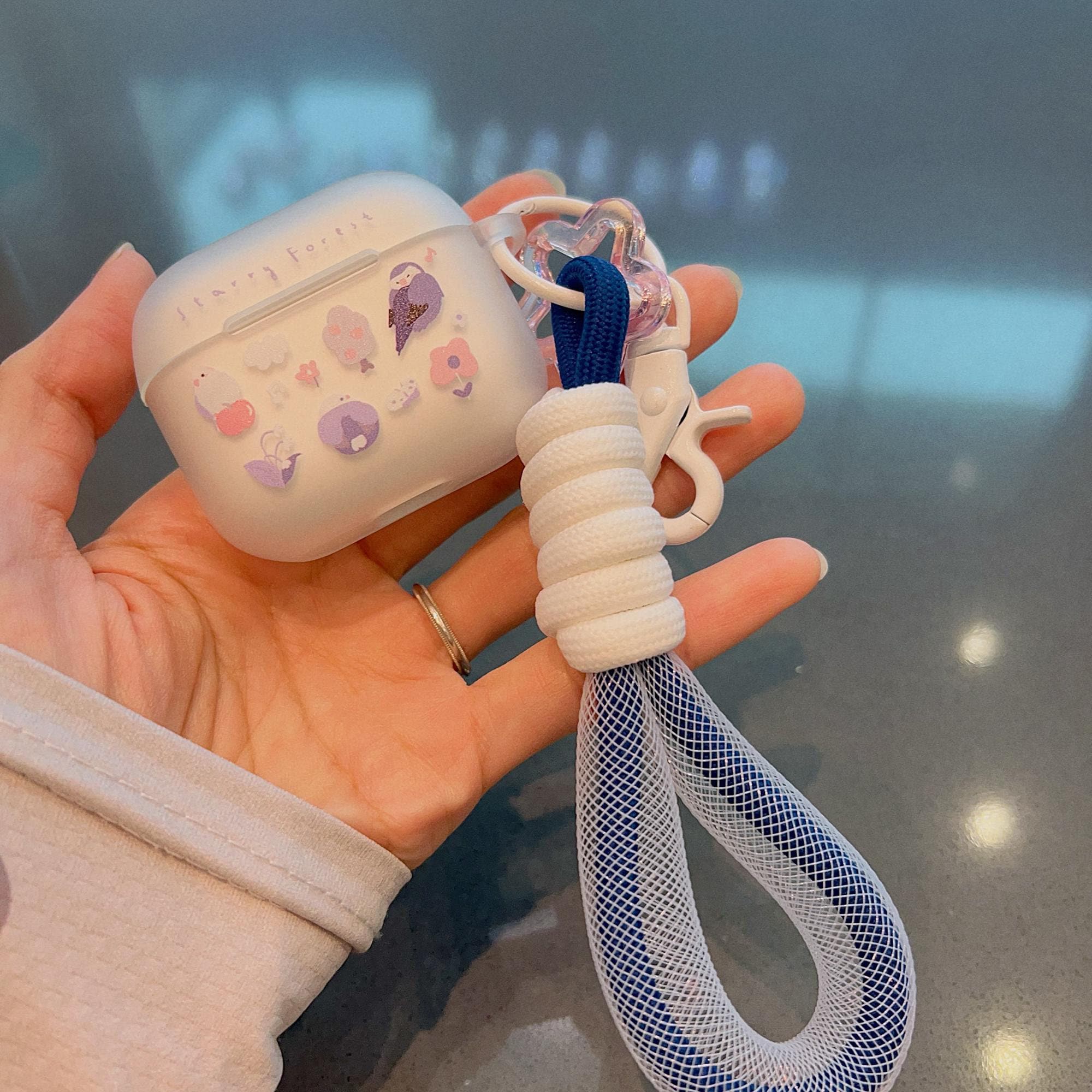 Starry Forest Cute Birds Case for AirPods 1/2/3/4/pro/pro2 Generation, cute frosted clear cases with keychain and lanyard