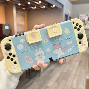 Starry Forest Cute Bunny Cat Switch OLED Case mit Spielkartenboxen, Hartschalenabdeckung für Nintendo Switch OLED, kawaii Accessoires für Mädchen