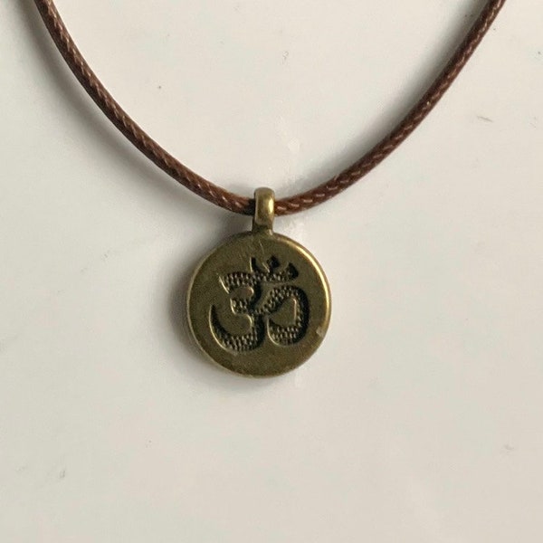 Om Necklace, Antique Bronze look Om Necklace, Spiritual Jewellery, Religious / Hindu Jewellery, Om Charm Waxed Cord Necklace, Brown Necklace