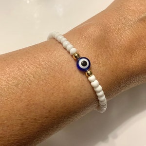 Evil Eye Bracelet, Evil Eye Beaded Bracelet, Gift for Her, White/Stretchable/Good Luck/Wish/ Protection Bracelet, Birthday Gift