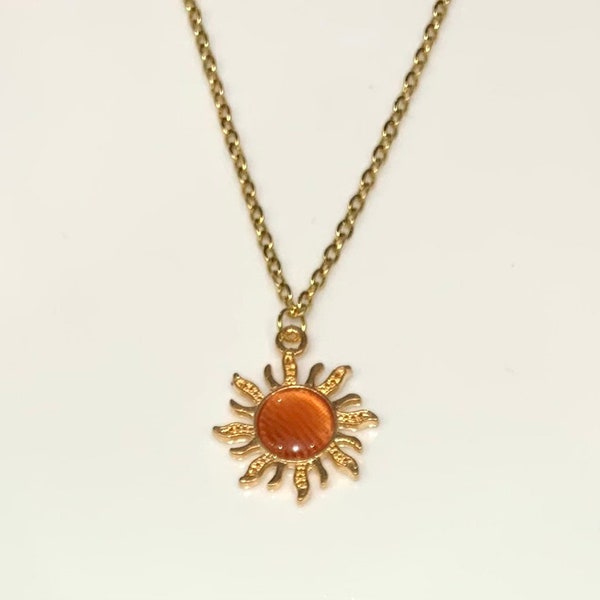 Sun Charm Necklace, Sun Charm Gold Necklace, Orange Sun Charm Necklace, Gold Necklace, Simple Jewellery, Gift for Her, Birthday Gift