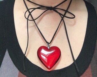 Large Red Heart Necklace, Black Velvet Bow Tie Necklace, Red Heart Necklace, Heart jewellery, Large charm Handmade necklace