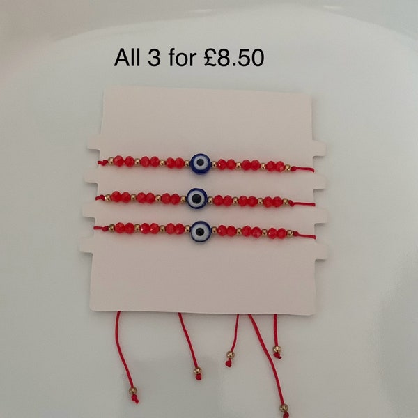 Evil Eye Bracelets, 3 Evil Eye Bracelets, Red Adjustable Cord Bracelets, Protection/friendship/Good Luck/Wish Bracelets, Great Deal