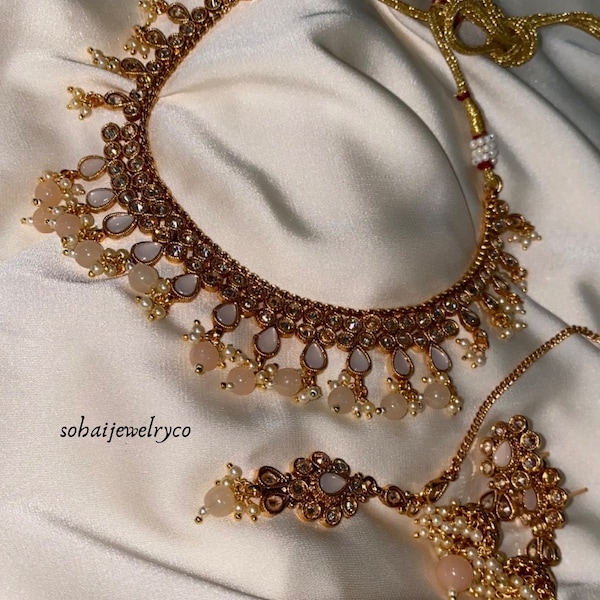 Pink Antique Choker & Earring Set | | South Asian Jewelry || Pakistani Jewelry || Indian Jewelry || Kundan Tikka Set || Polki || Tikka Set