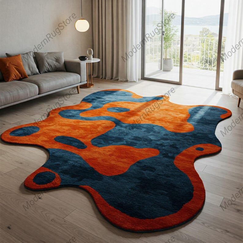Blue and Orange Amoeba 8x10 9x12 Geometric Unique Shape Handmade Rug ...