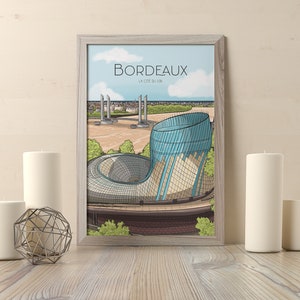Peut inclure: Une illustration encadrée du ciel de Bordeaux, mettant en scène la Cité du Vin, un musée du vin moderne à Bordeaux, en France. L'illustration est de style cartoon et présente un ciel bleu avec des nuages blancs.