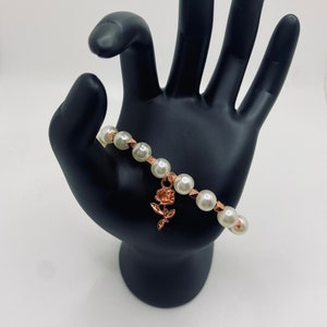 Faux Pearl Rosegold Bracelet with Rose Charm