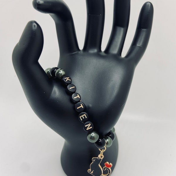 Pet Play Kitten Black and Steel Gray Green Beaded Bracelet with Gold Black Cat with Red Heart Charm