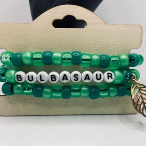 Pokémon Starter Bulbasaur Green Sparkle Beaded Bracelet with Gold Leaf Charm