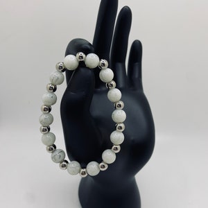 Cloudy White Marble Grey Beaded Bracelet with Silver Spacer Beads