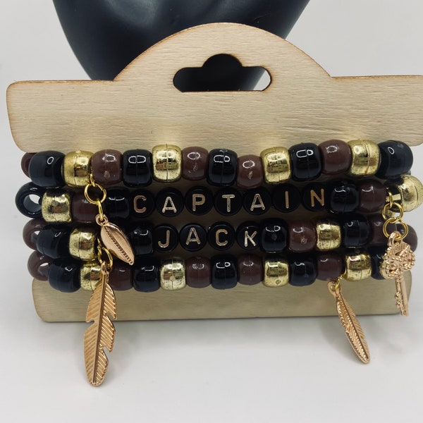 Pirates of the Caribbean Jack Sparrow Johnny Depp Black Brown Gold Pony Bead Bracelet with Gold Charms