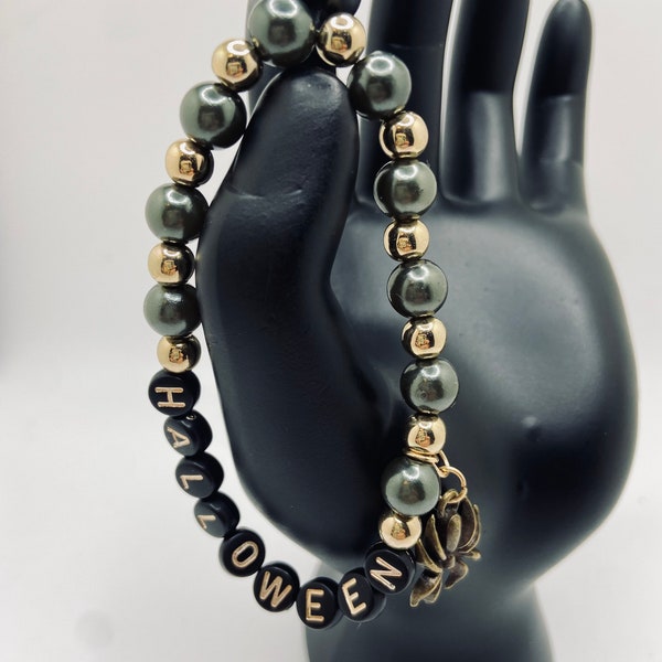 Halloween Dark Grey Green Metallic Beaded Bracelet with Gold Spacer Beads and Gold Spider Charm