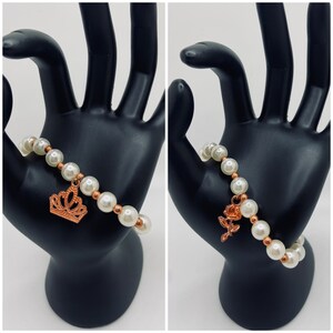 Faux Pearl Beaded Bracelet with Rosegold Spacer Beads and Rosegold Charm