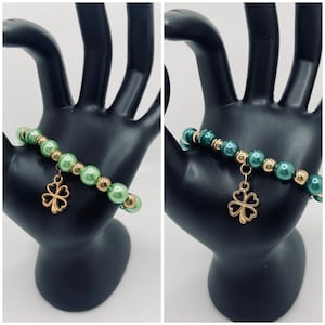 Lucky Charm Irish Light Green or Dark Green Gold Good Luck Beaded Bracelet with Gold Clover Charm