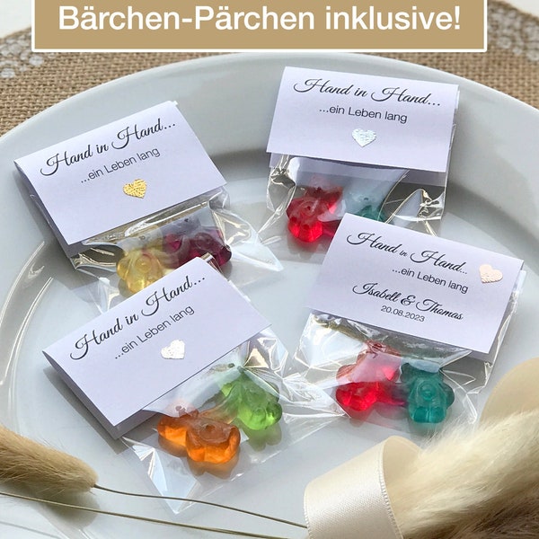 Cadeau d'invité de mariage : main dans la main pour toute une vie – c'est bien que vous soyez là. Couple d'ours, ours en caoutchouc personnalisés, ensemble BLANC de 10