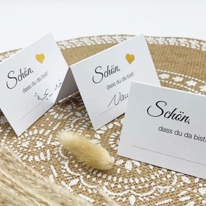 Tischkarten Hochzeit / Taufe "Schön, dass du da bist" glitzerndes Herz Gold, Silber, Roségold. Platzkarten zum selbst Beschriften, 25 Stück.