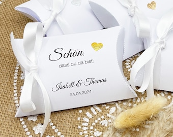 Gastgeschenk Verpackung Hochzeit / Taufe: Kissenschachtel WEISS mit Satinband weiß und glitzerndem Herz, optional personalisiert, 10 Stück