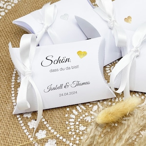 Wedding / Baptism Gift Packaging: Pillow Box WHITE with white satin ribbon and glittering heart, optionally personalized, 10 pieces
