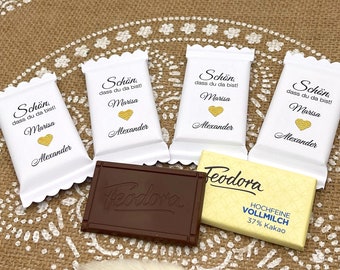 Gastgeschenk Hochzeit Personalisierte Schokoladen-Täfelchen, edle Vollmilch-Schokolade mit individueller Beschriftung in WEISS, 10 Stück