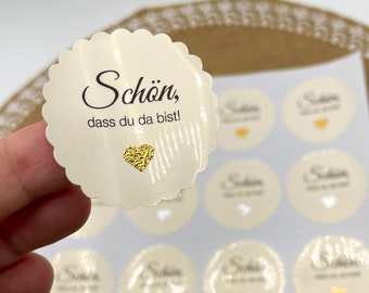 Sticker "Schön, dass du da bist" CREMEFARBEN, glänzend mit glitzerndem Herz für Hochzeit, Taufe etc., zum Verzieren & Verschönern 20 Stück