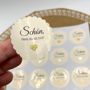 Adesivi "È bello che tu sia qui" COLORE CREMA, lucidi con cuore luccicante per matrimoni, battesimi ecc., per decorare e abbellire 20 pezzi